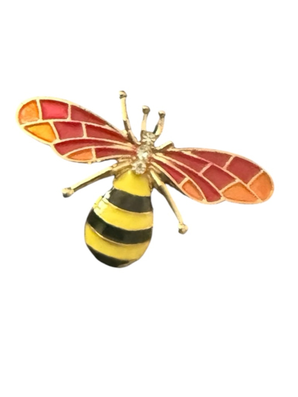 Gold-Tone Bee Brooch with Yellow & Black Stripes and Red-Orange Wings